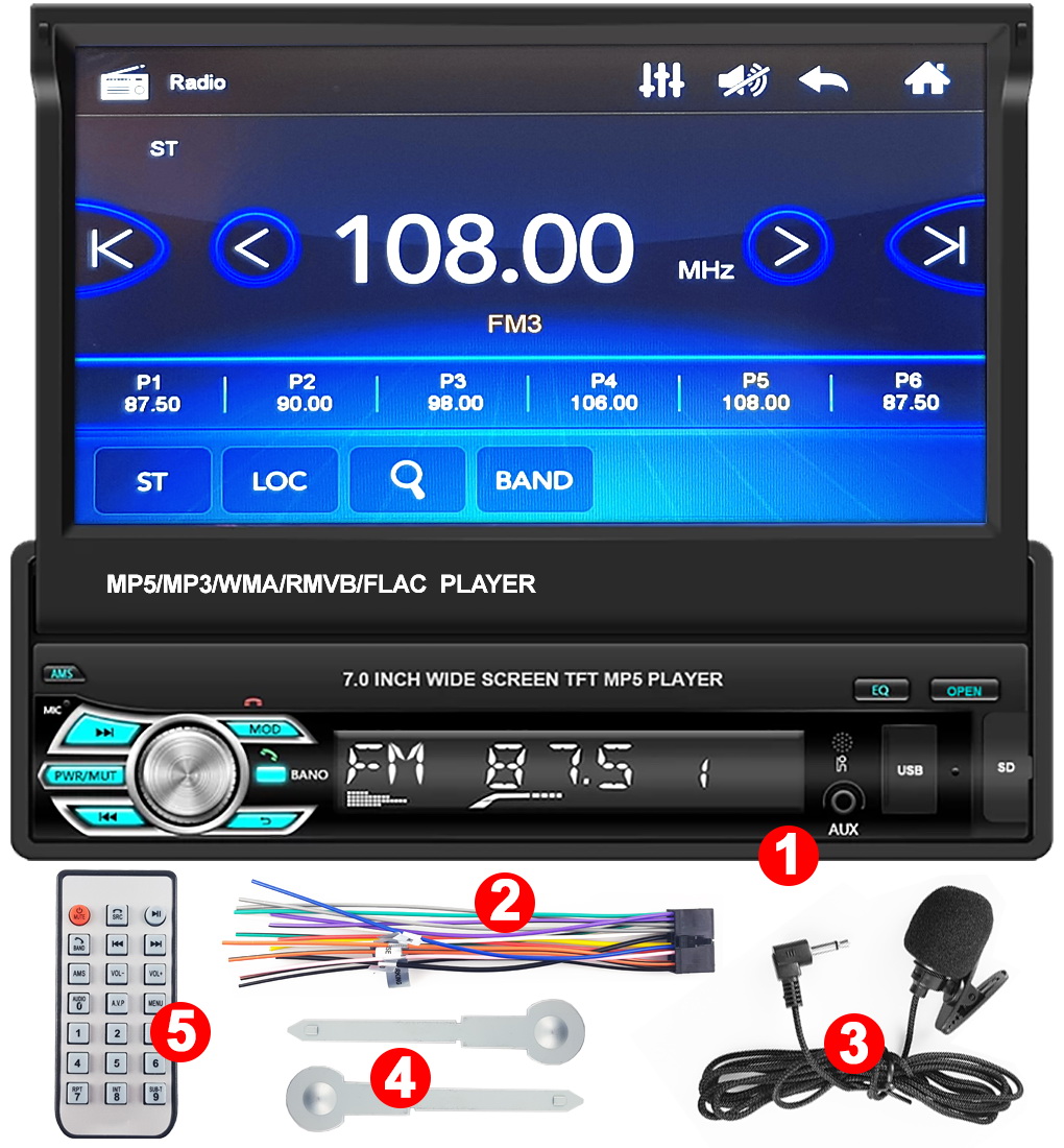 RADIO 1DIN EKRAN 7' WYSUWANY EKRAN BT MP3 SD USB Złącza AUX minijack USB RCA Pre-out (przedwzmacniacz) RCA Sub-out (subwoofer)