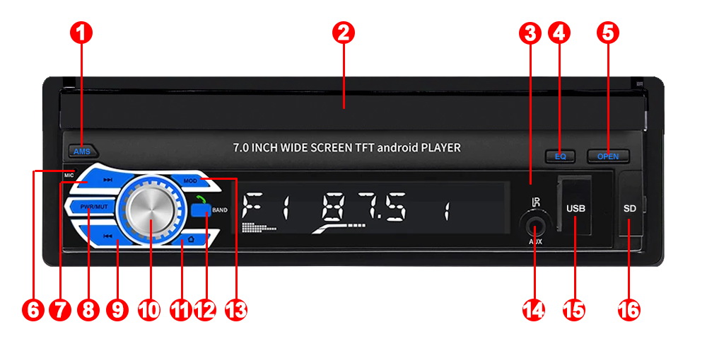 RADIO 1DIN EKRAN 7' WYSUWANY EKRAN BT MP3 SD USB Szerokość produktu 18.8 cm