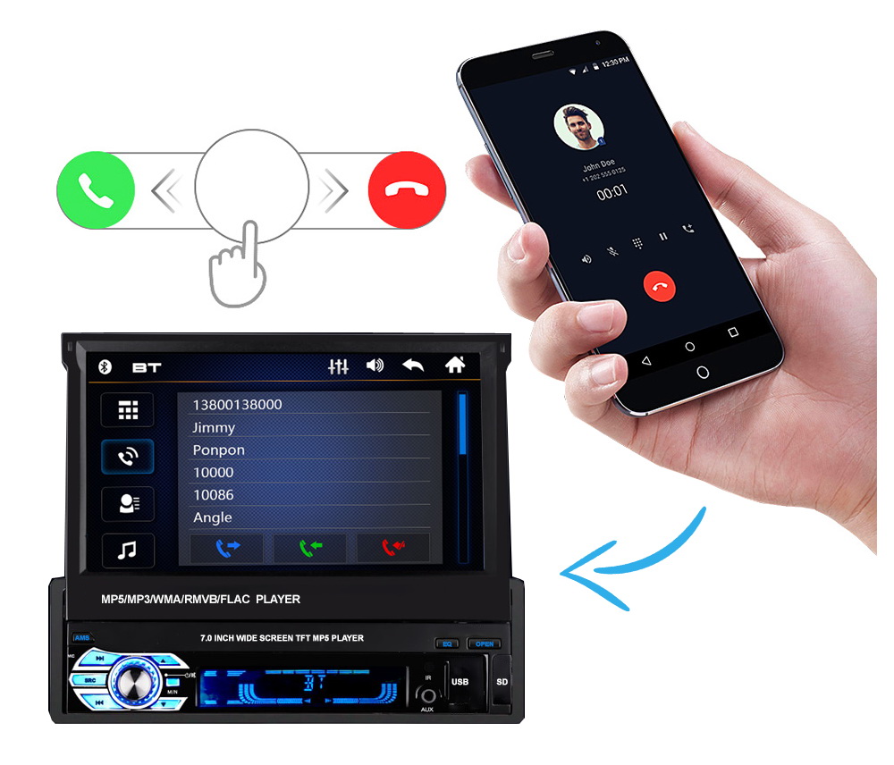 RADIO 1DIN EKRAN 7' WYSUWANY EKRAN BT MP3 SD USB Głębokość produktu 19 cm