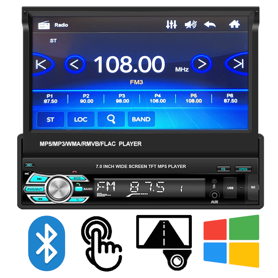 RADIO 1DIN EKRAN 7' WYSUWANY EKRAN BT MP3 SD USB Komunikacja Bluetooth